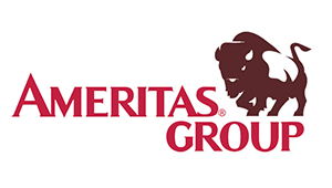 The image is a logo consisting of stylized text and a graphic element, featuring the word  AMERITAS  prominently displayed above the word  GROUP,  with an emblem that appears to be a stylized lion s head.