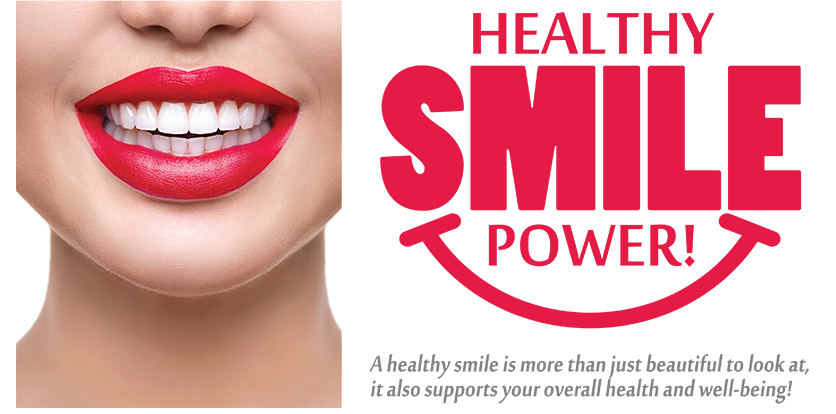 The image features a close-up of a person s face with red lipstick, and there is text overlay that reads  HEALTHY SMILE POWER  and includes the logo for  Smile Power.